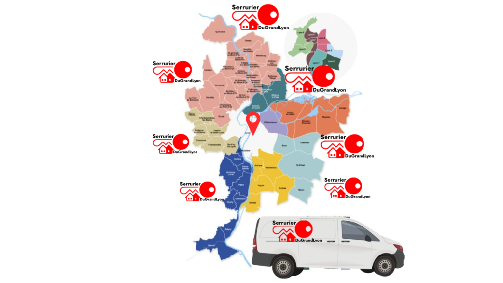 Carte des zones d'intervention de Serrurier du Grand Lyon, avec des points d'intervention dans l'agglomération lyonnaise et des trajets en véhicule.