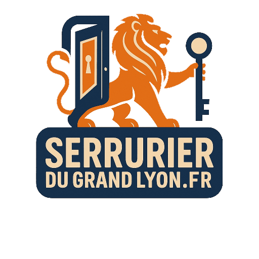 Logo "Serrurier du Grand Lyon.fr" avec un lion tenant une clé et une porte ouverte, représentant les services de serrurerie à Mions.